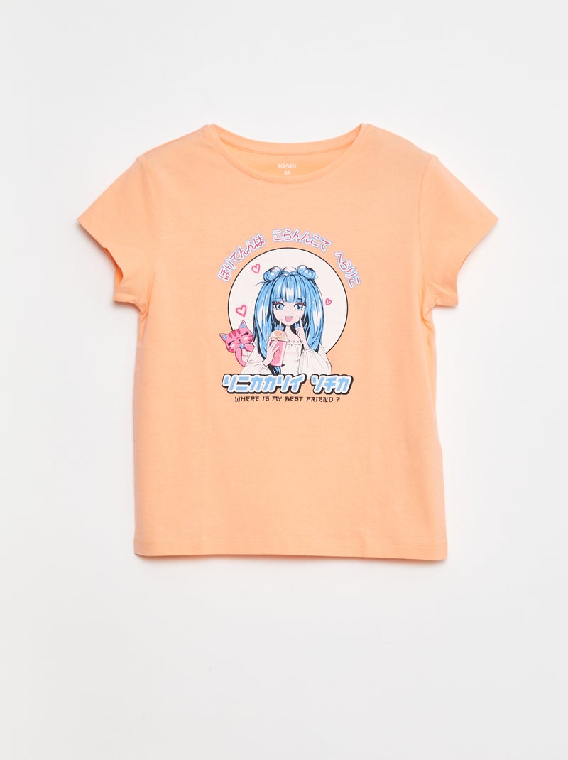 Camiseta estampada de manga corta con cuello redondo Naranja - Kiabi
