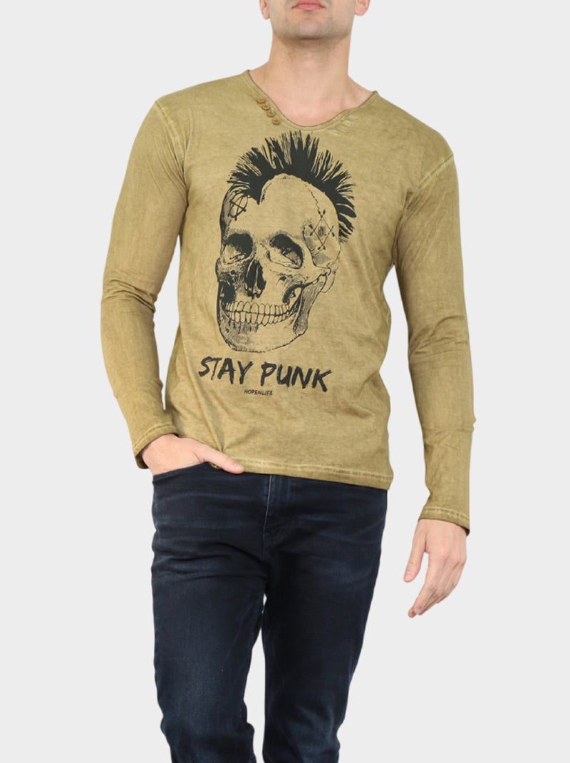 Camiseta estampada de manga larga Amarillo paja - Kiabi