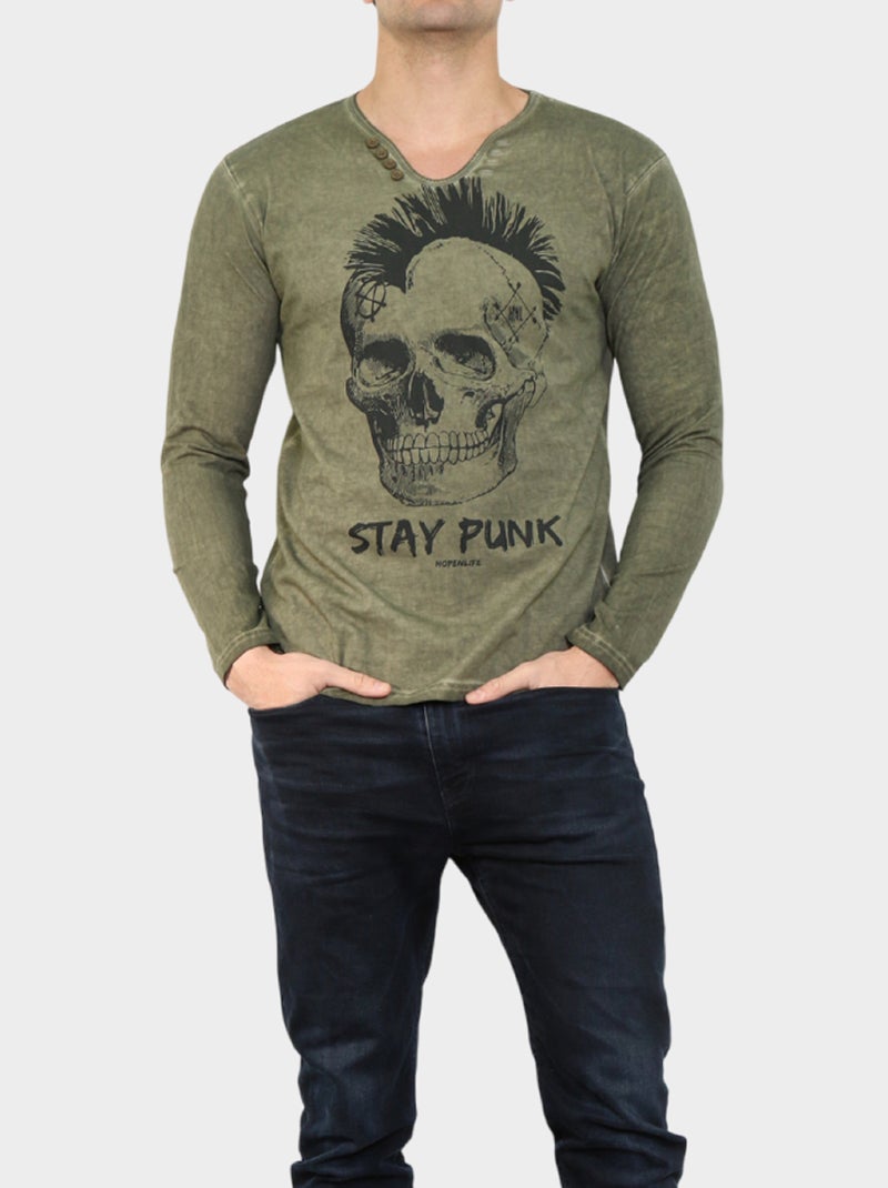 Camiseta estampada de manga larga Caqui - Kiabi
