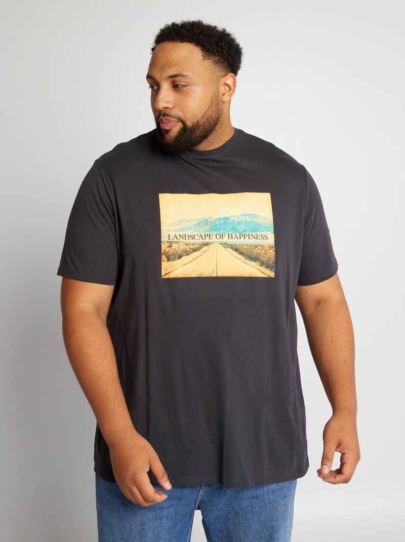 Camiseta estampada de punto de canalé NEGRO - Kiabi