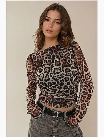 Camiseta estampado leopardo cuello barco drapeado manga larga hiccup