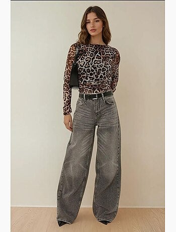 Camiseta estampado leopardo cuello barco drapeado manga larga hiccup