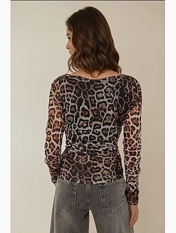 Camiseta estampado leopardo cuello barco drapeado manga larga hiccup