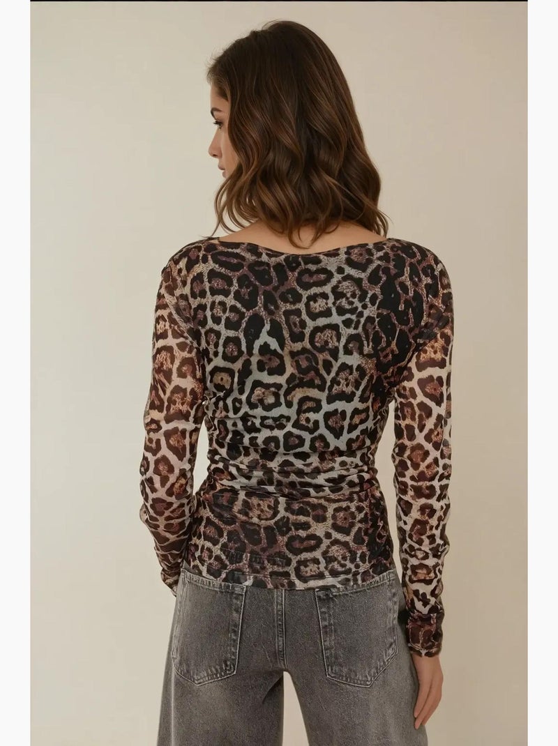 Camiseta estampado leopardo cuello barco drapeado manga larga hiccup Negro Marrón - Kiabi