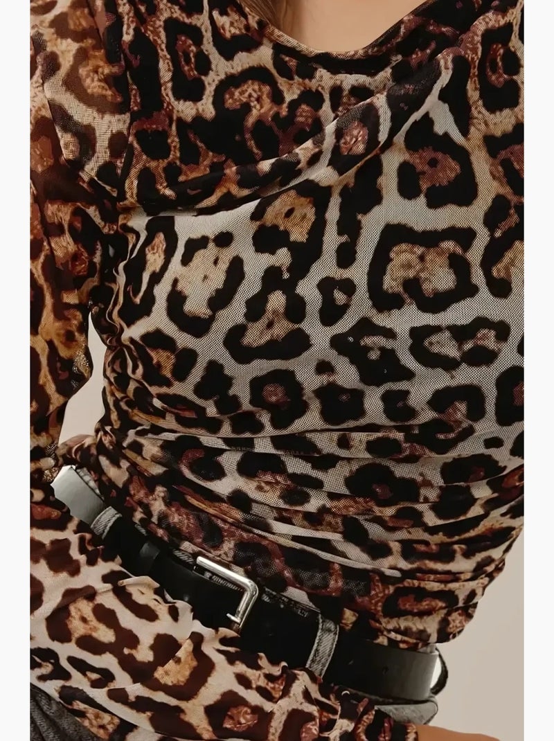 Camiseta estampado leopardo cuello barco drapeado manga larga hiccup Negro Marrón - Kiabi