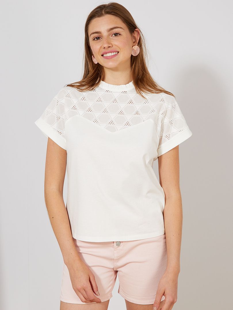 Camiseta estilo blusa con bordado inglés Blanco - Kiabi