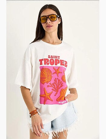 Camiseta extragrande de algodón con estampado de conchas lucci