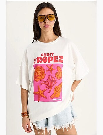 Camiseta extragrande de algodón con estampado de conchas lucci