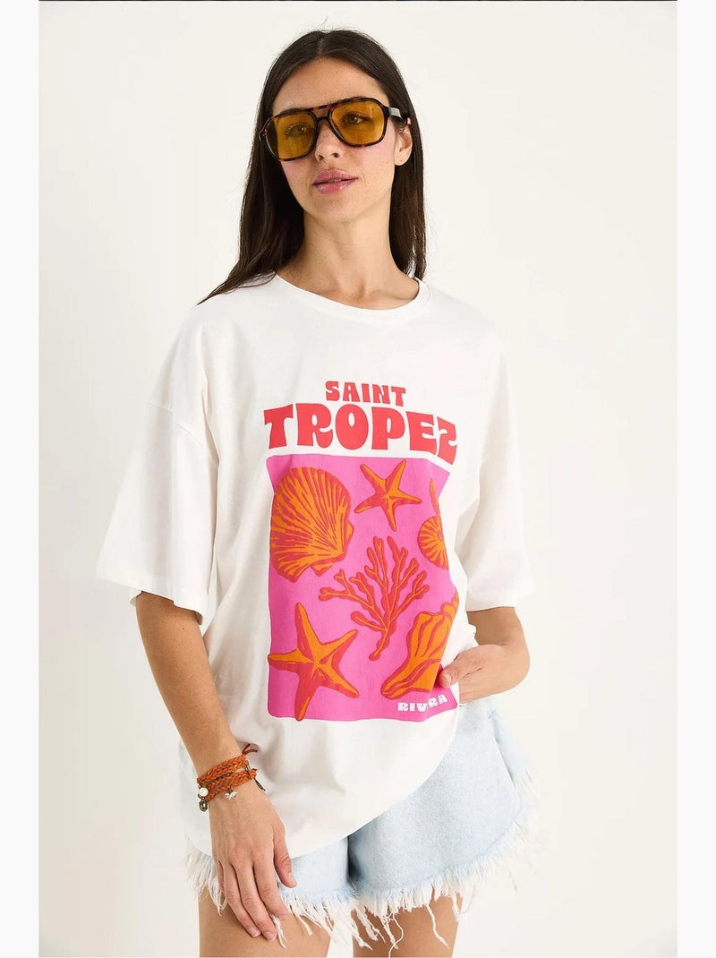 Camiseta extragrande de algodón con estampado de conchas lucci Blanco - Kiabi
