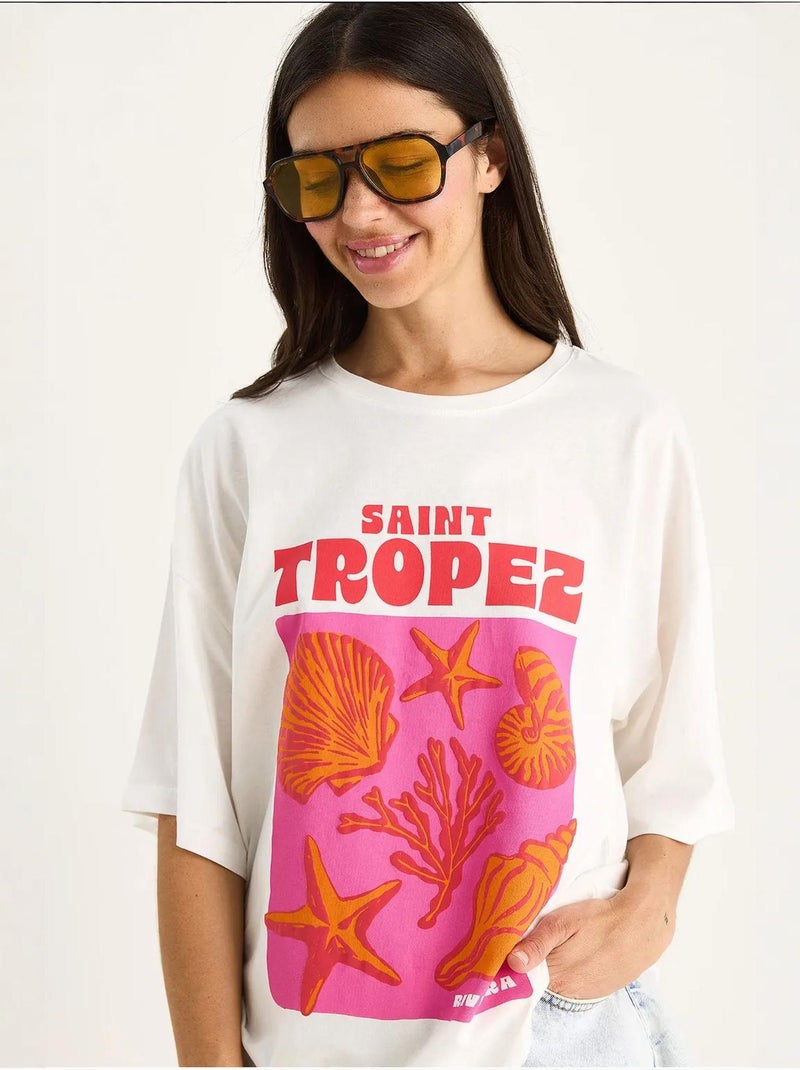 Camiseta extragrande de algodón con estampado de conchas lucci Blanco - Kiabi