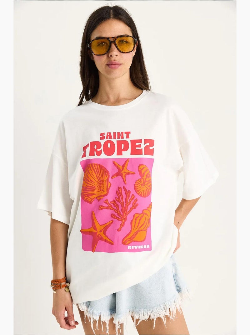 Camiseta extragrande de algodón con estampado de conchas lucci Blanco - Kiabi