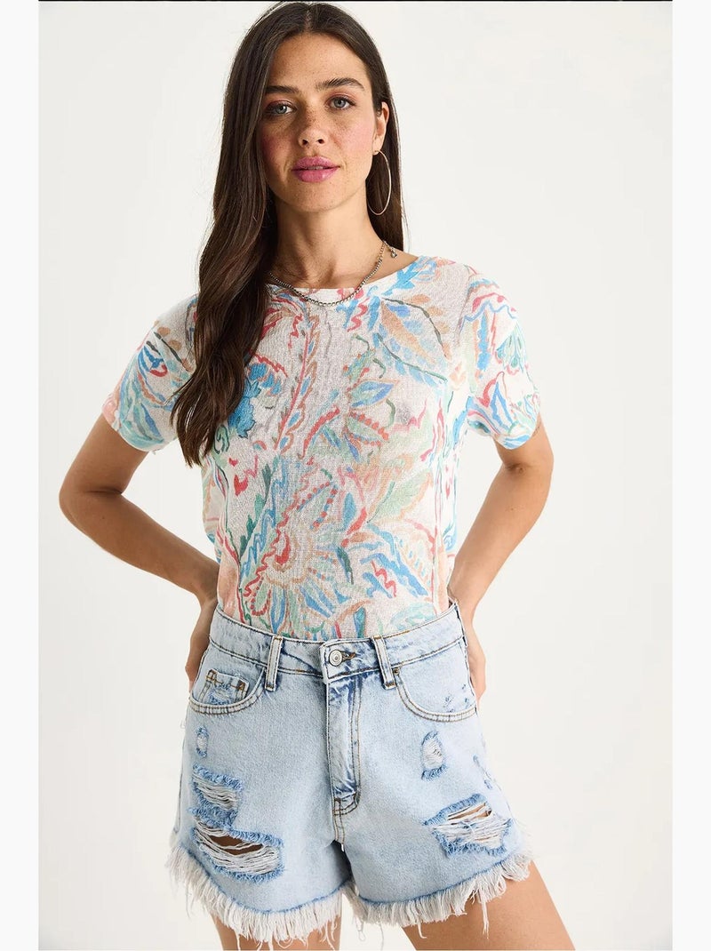 Camiseta floral de manga corta con cuello redondo lucci Azul zafiro - Kiabi