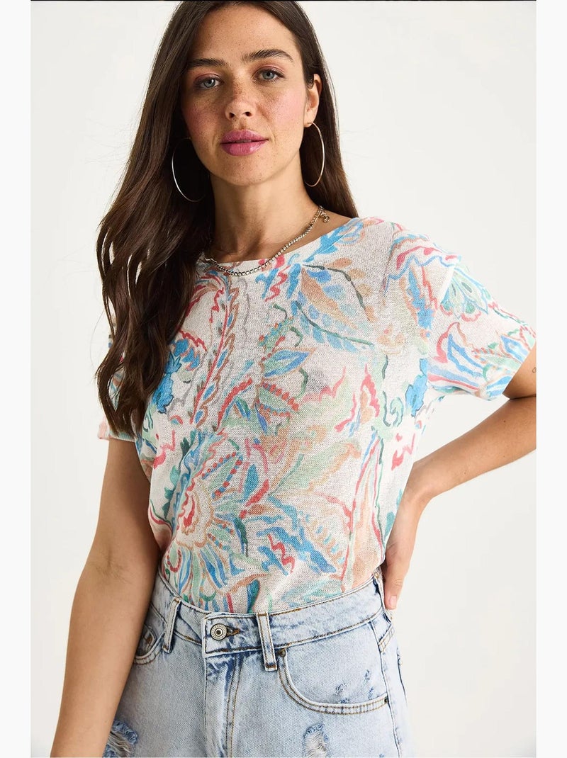 Camiseta floral de manga corta con cuello redondo lucci Azul zafiro - Kiabi