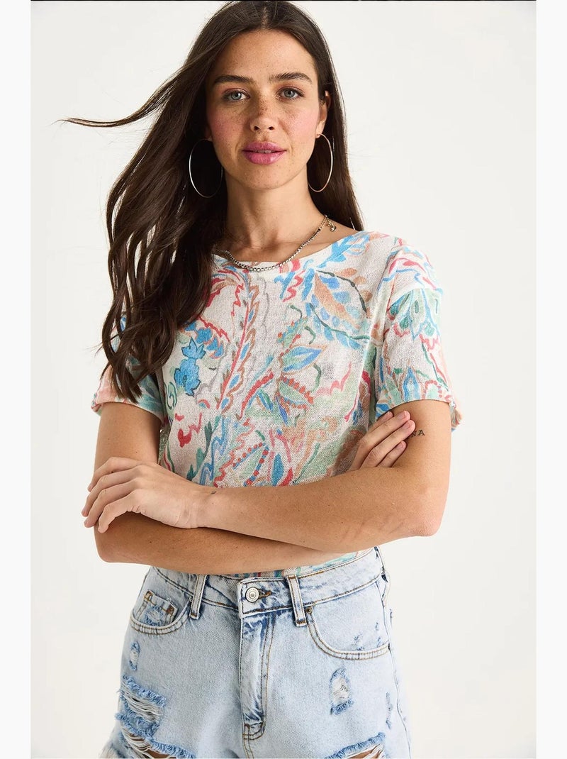 Camiseta floral de manga corta con cuello redondo lucci Azul zafiro - Kiabi