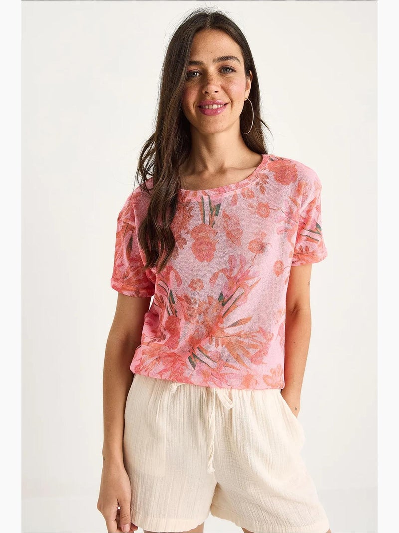Camiseta floral de manga corta con cuello redondo lucci Rosa fluo/Solinotes - Kiabi
