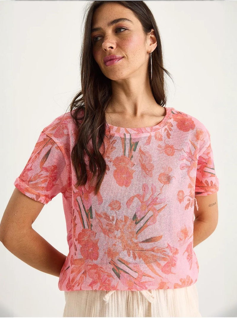 Camiseta floral de manga corta con cuello redondo lucci Rosa fluo/Solinotes - Kiabi