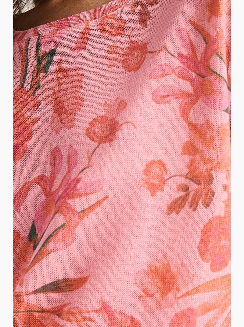 Camiseta floral de manga corta con cuello redondo lucci Rosa fluo/Solinotes - Kiabi