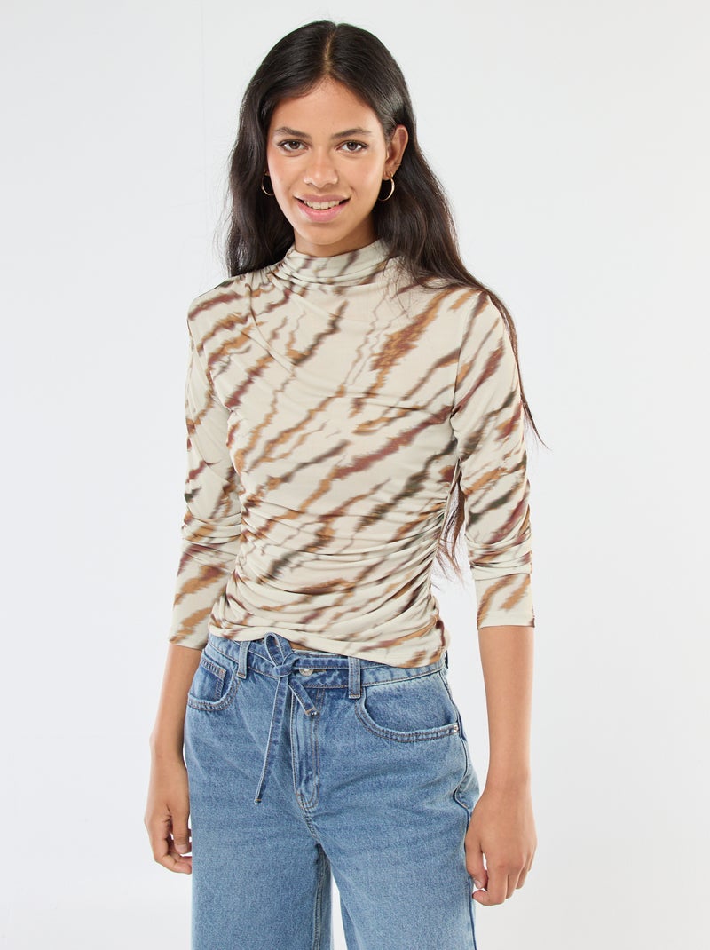 Camiseta fluida con cuello alto estampado Beige - Kiabi