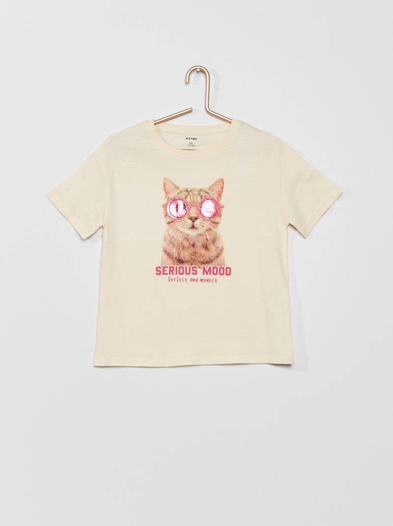 Camiseta 'gato' cuello redondo BEIGE - Kiabi