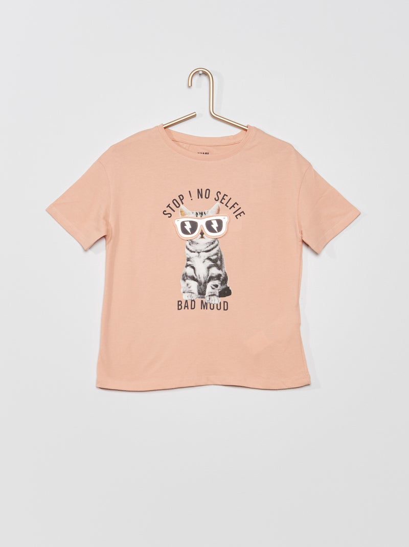 Camiseta 'gato' cuello redondo ROSA - Kiabi