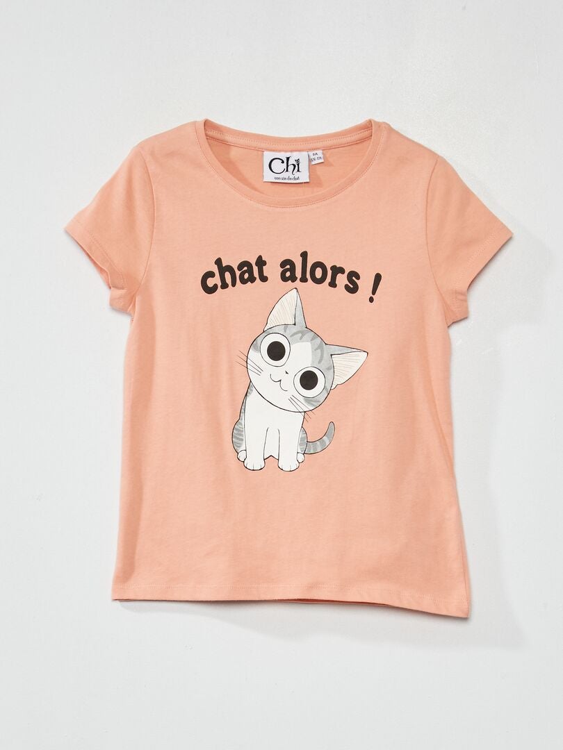 Camiseta 'gato' cuello redondo ROSA - Kiabi