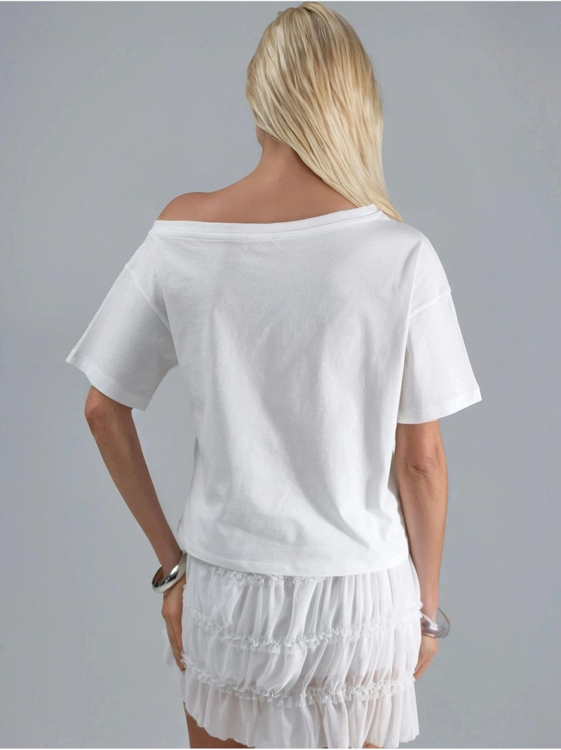 Camiseta holgada con cuello barco y estampado hiccup Blanco roto - Kiabi