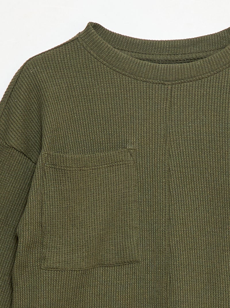 Camiseta holgada gofrada de algodón lisa Kaki - Kiabi