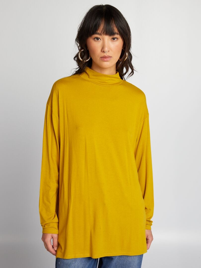 Camiseta de cuello alto de punto de canalé y mangas con volantes, niña  amarillo oscuro estampado - Vertbaudet