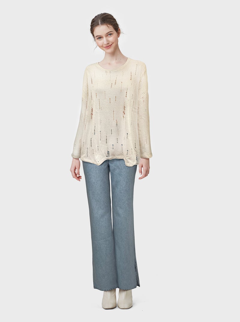 Camiseta larga de manga larga con acabados ondulados BEIGE - Kiabi