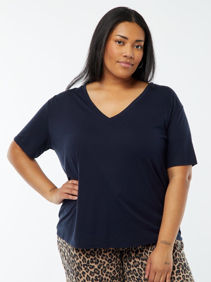 Camiseta lisa básica con cuello de pico Azul - Kiabi