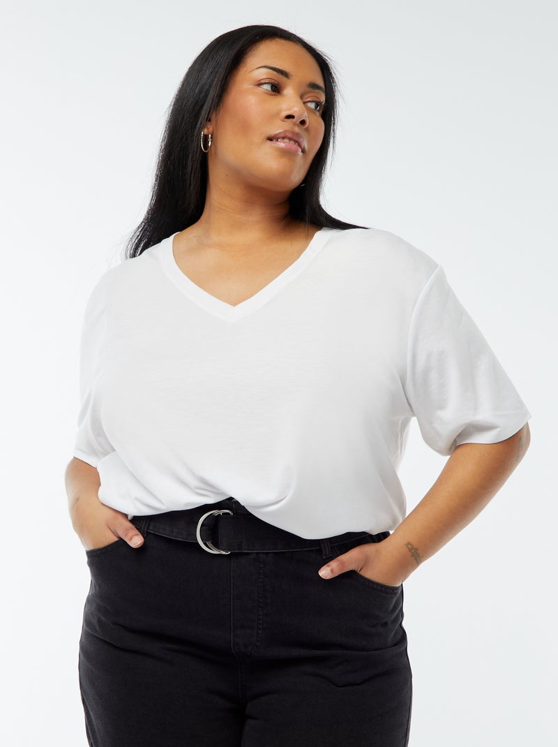 Camiseta lisa básica con cuello de pico Blanco - Kiabi