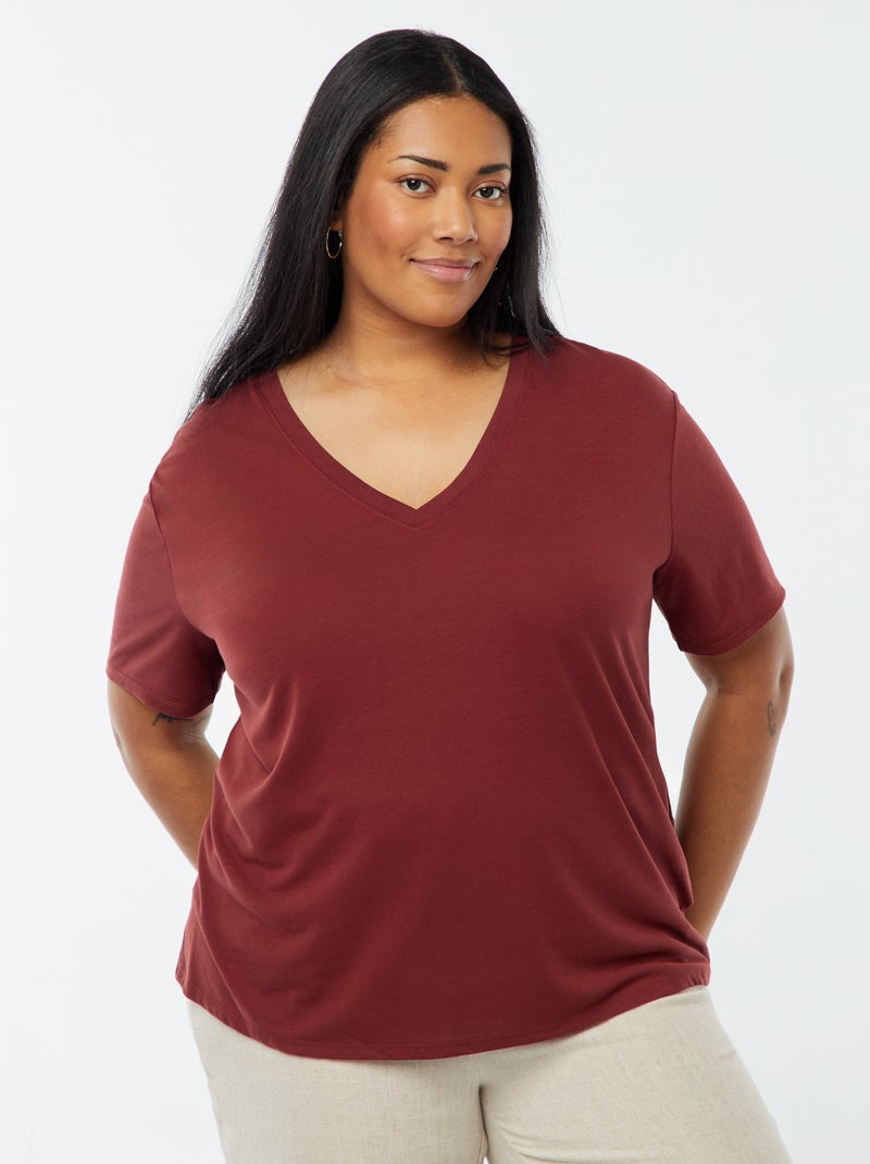 Camiseta lisa básica con cuello de pico Rojo - Kiabi
