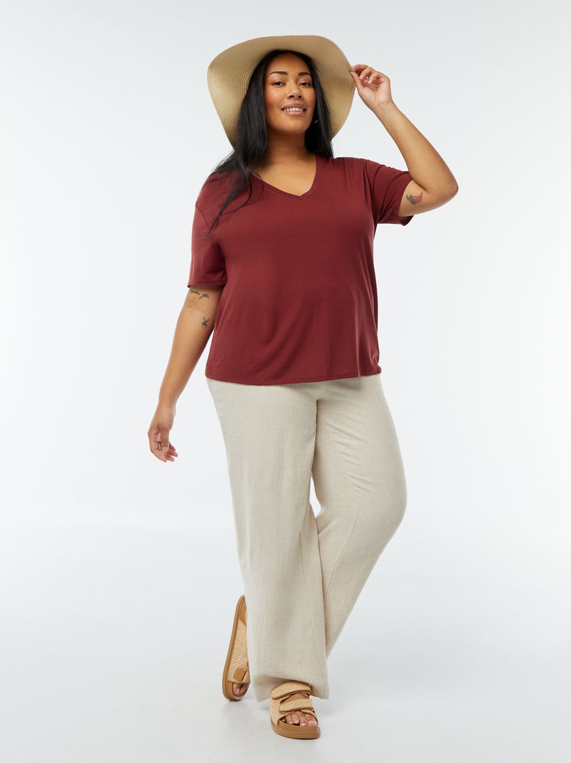 Camiseta lisa básica con cuello de pico Rojo - Kiabi