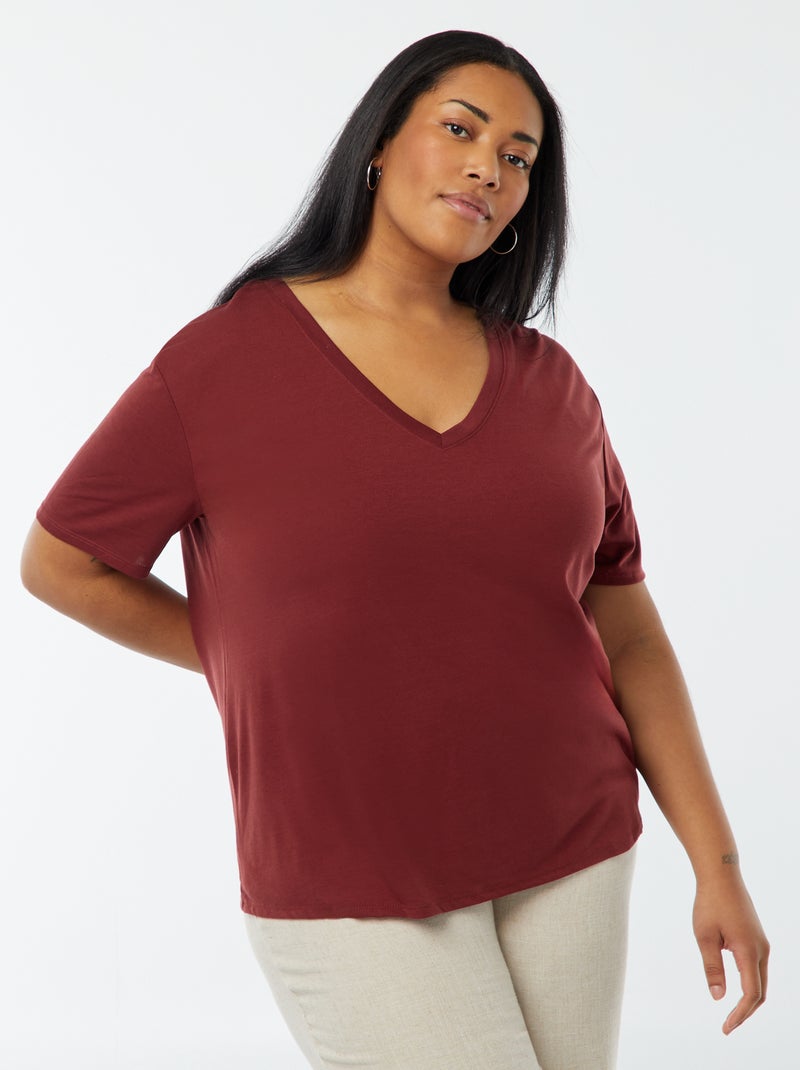 Camiseta lisa básica con cuello de pico Rojo - Kiabi