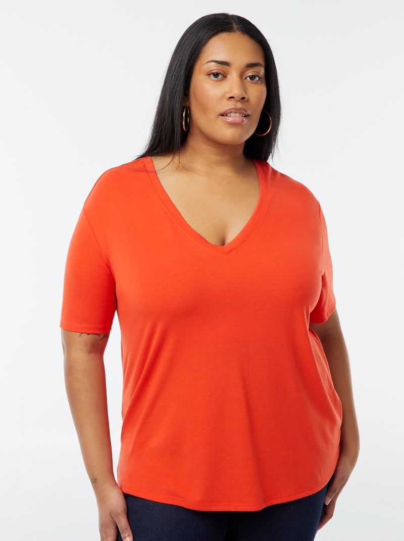 Camiseta lisa básica con cuello de pico Rojo - Kiabi