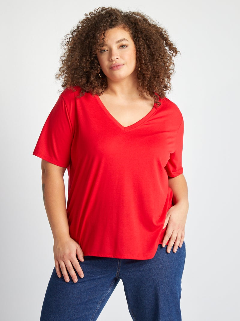 Camiseta lisa básica con cuello de pico ROJO - Kiabi