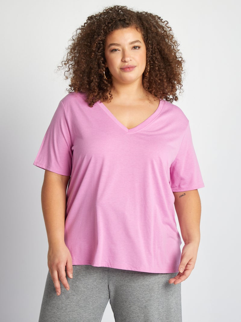 Camiseta lisa básica con cuello de pico ROSA - Kiabi