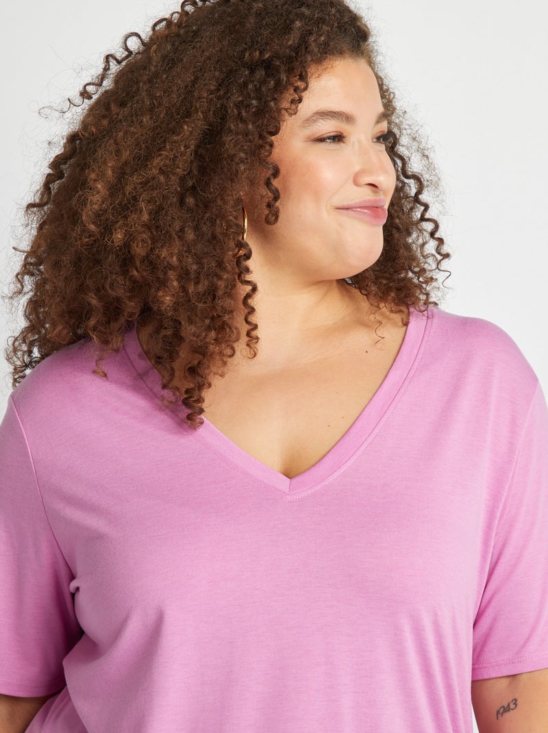 Camiseta lisa básica con cuello de pico ROSA - Kiabi