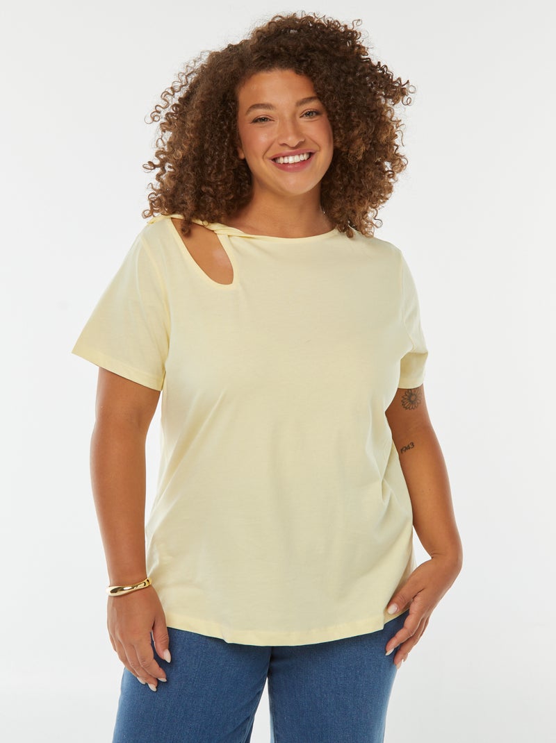 Camiseta lisa con abertura con calados efecto retorcido Amarillo - Kiabi