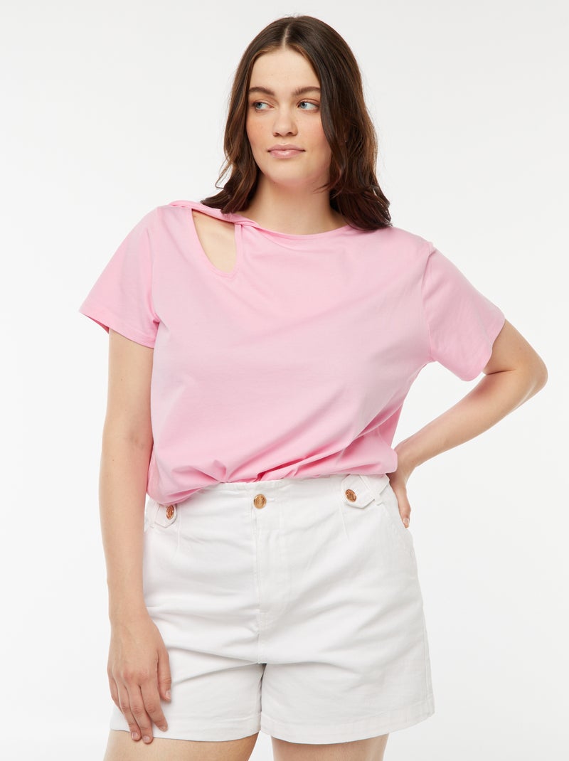 Camiseta lisa con abertura con calados efecto retorcido rosa - Kiabi
