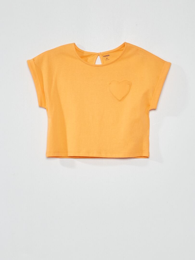 Camiseta lisa con bolsillo de corazón naranja albaricoque - Kiabi