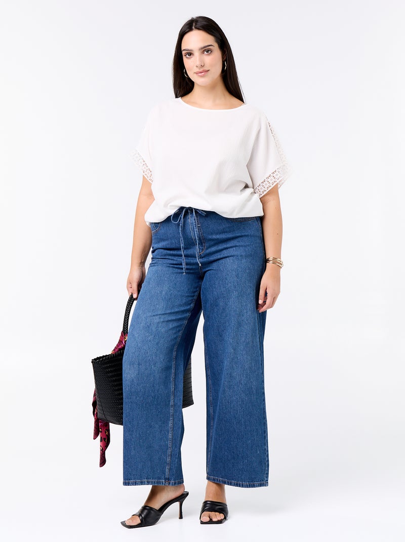Camiseta lisa con bordado y macramé en las mangas Blanco - Kiabi