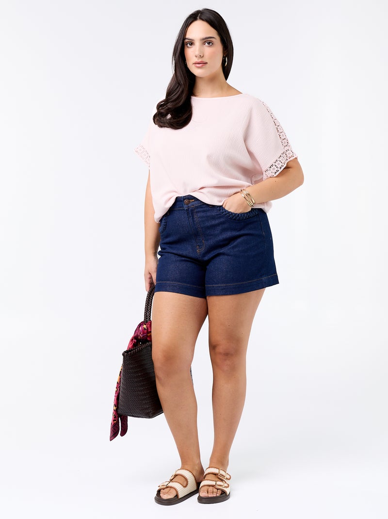 Camiseta lisa con bordado y macramé en las mangas Rosa - Kiabi