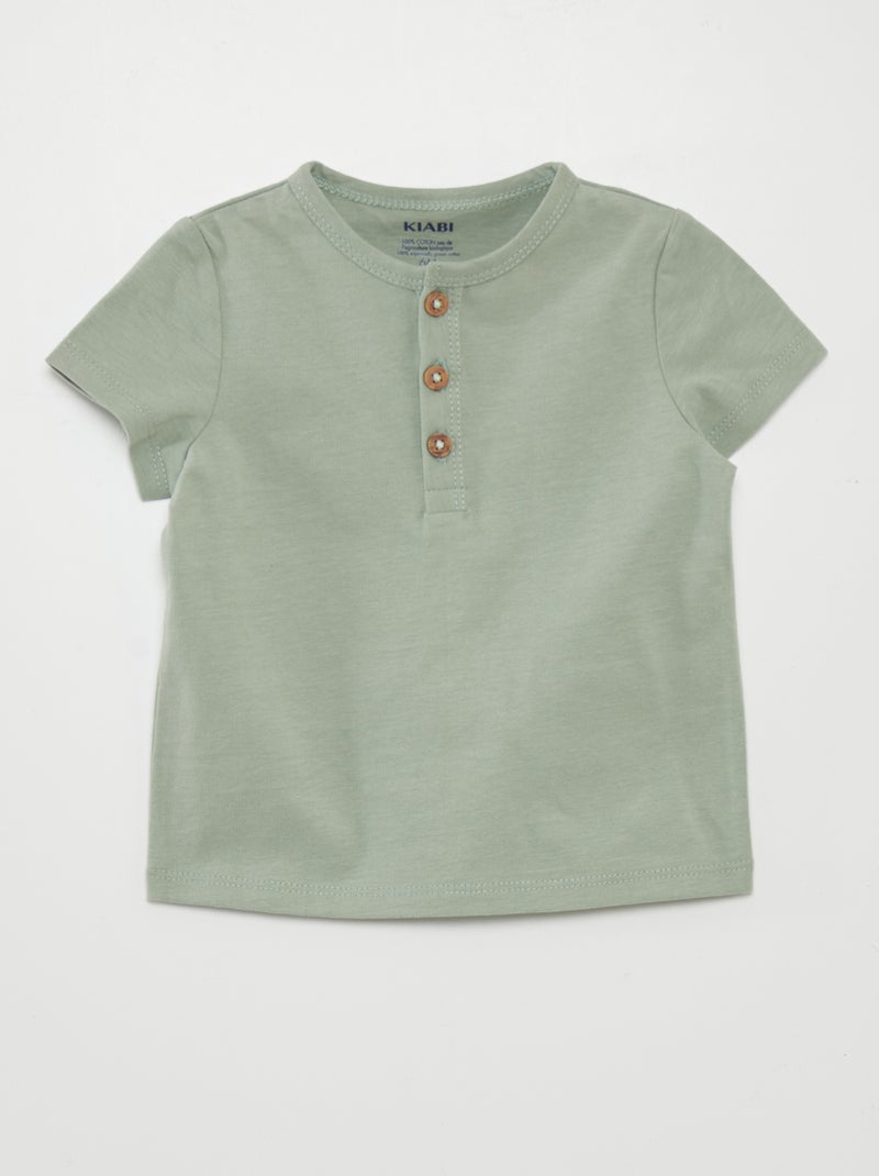 Camiseta lisa con cuello abotonado VERDE - Kiabi