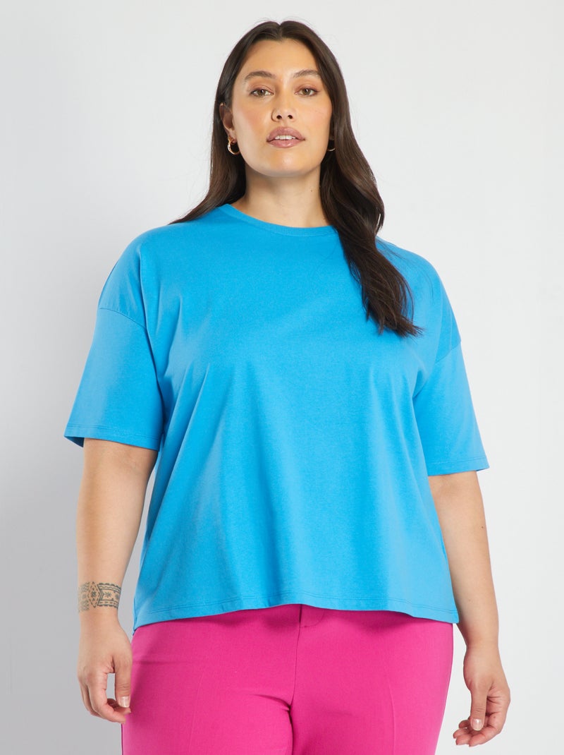 Camiseta lisa con cuello redondo azul - Kiabi