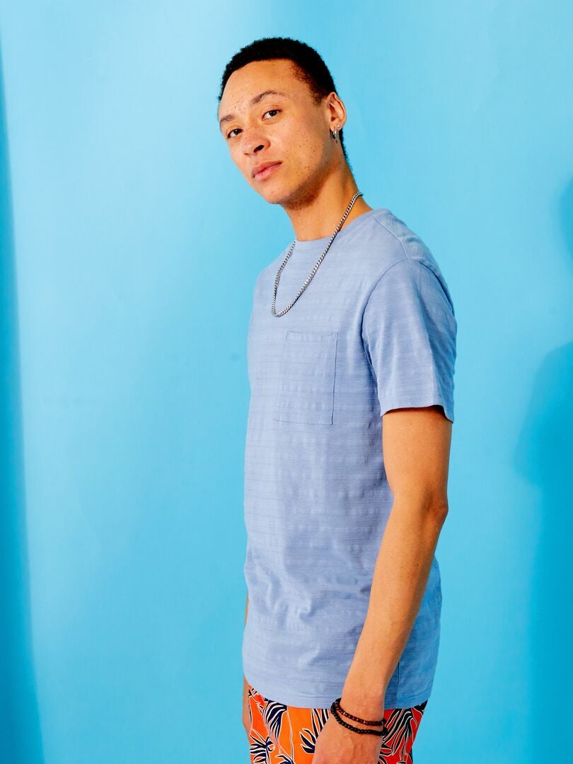Camiseta lisa con cuello redondo azul denim - Kiabi