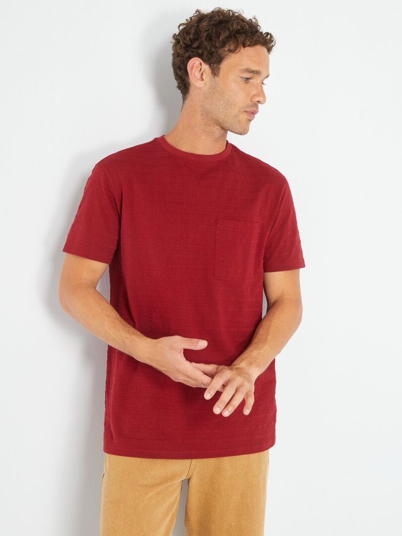Camiseta lisa con cuello redondo rojo burdeos - Kiabi