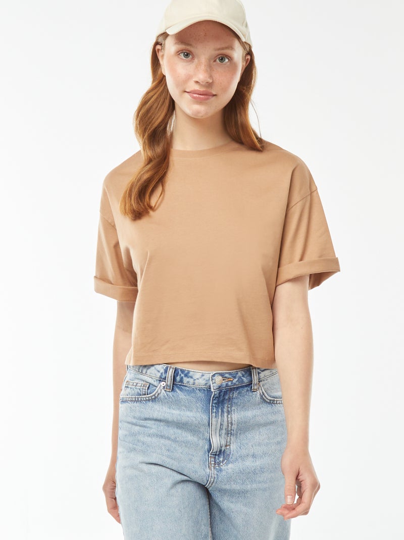 Camiseta lisa corta de manga corta Beige - Kiabi