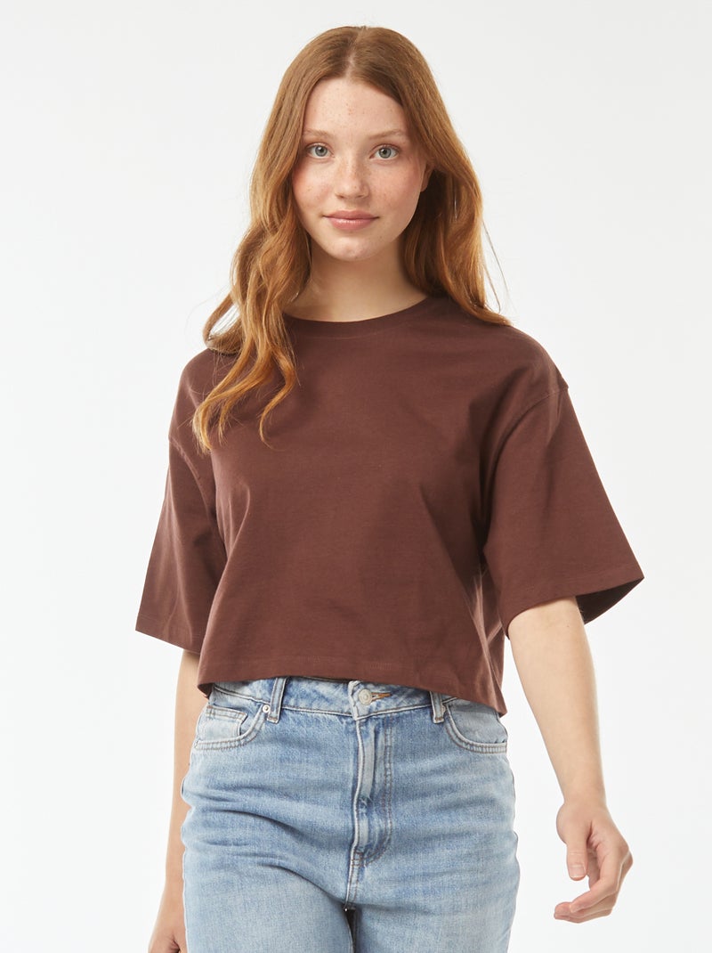 Camiseta lisa corta de manga corta Marron - Kiabi