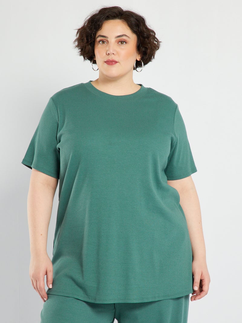 Camiseta lisa de canalé VERDE - Kiabi